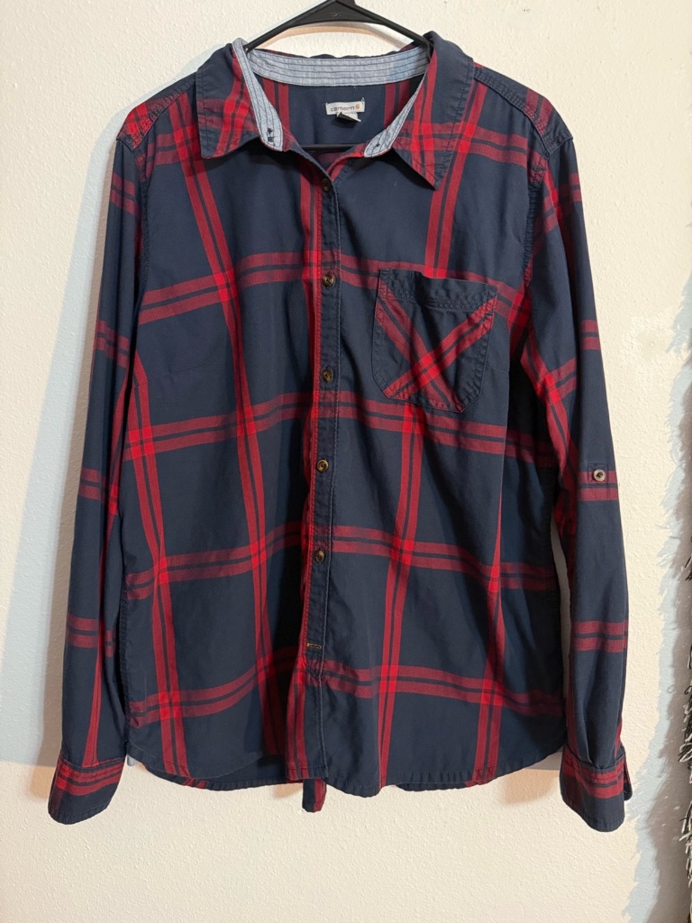 Carhartt • Navy & Red Plaid Button-Up Work Shirt • Women’s Lg